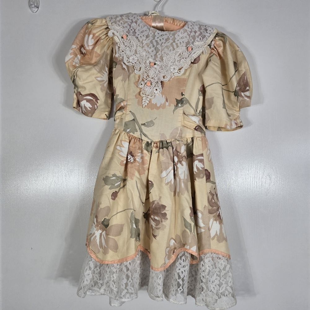 Vtg 90s Girls Size 8 Floral Brocade Fancy‎ Tea Party Dress Puff Sleeve Lace Trim